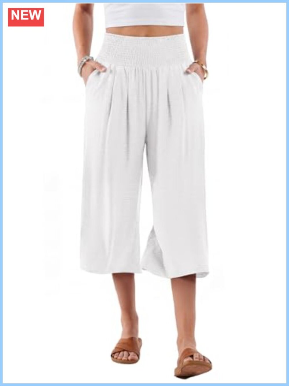 Wide Leg Smocked High Waist Capri Pants with Pockets Summer Casual